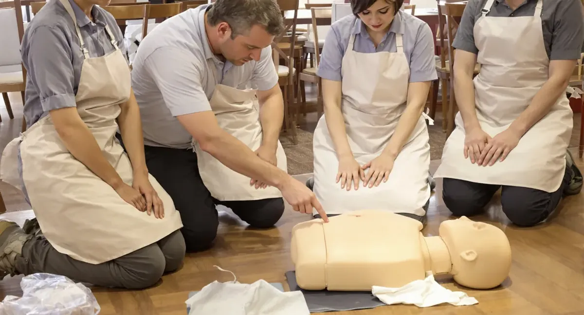 Session de formation sauveteur secouriste du travail : le formateur montre le point de compression sur le mannequin