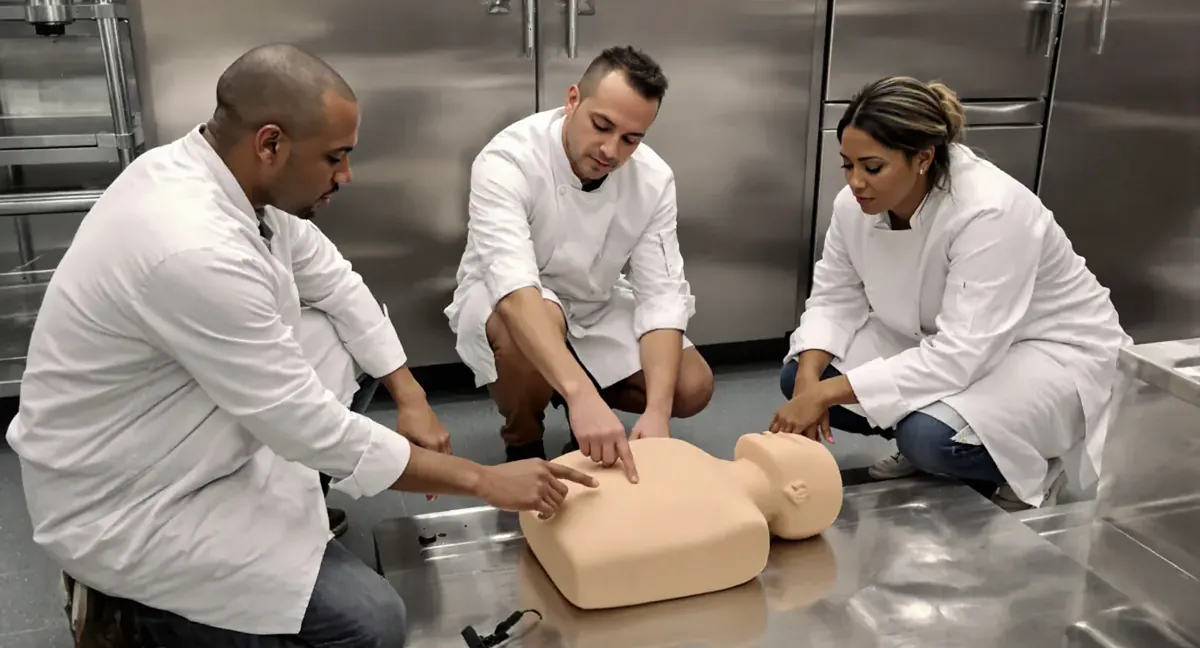 Session de formation sauveteur secouriste du travail : le formateur montre le point de compression sur le mannequin