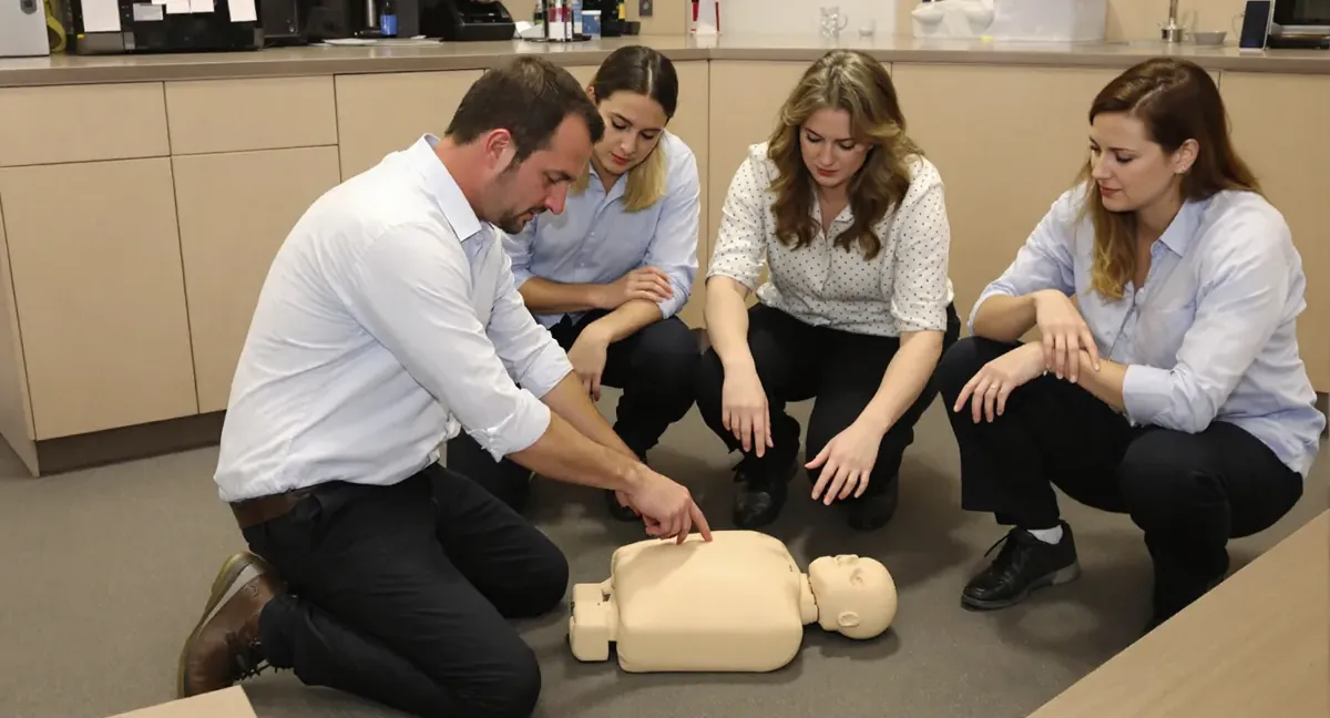 Session de formation sauveteur secouriste du travail : le formateur montre le point de compression sur le mannequin